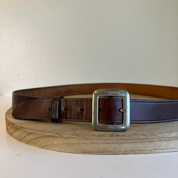 USA Made Brown Perfectly Worn in Leather Silver Square Buckle Belt Size Large - Picture 1 of 12